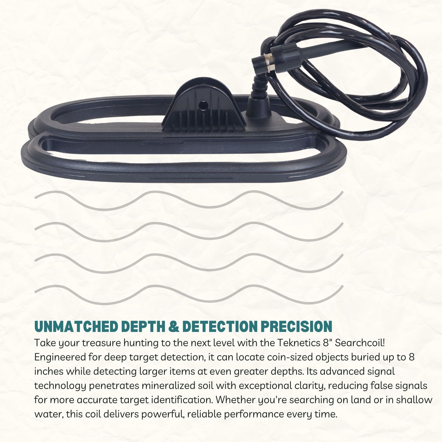 Teknetics 8COILDD-T2 8-inch DD searchcoil with enhanced target separation, increased depth detection, and waterproof design, compatible with Teknetics T2 metal detectors for improved performance in mineralized soils.