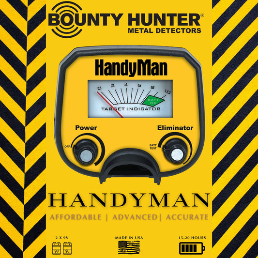 Bounty Hunter Handyman Metal Detector with a compact design, easy-to-use controls, adjustable sensitivity, and a 6-inch waterproof searchcoil, perfect for beginners and casual treasure hunting