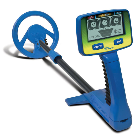 Bounty Hunter Junior T.I.D. Metal Detector with a lightweight design, digital target identification, three-tone audio discrimination, and a 6-inch waterproof searchcoil, perfect for young treasure hunters and beginners.