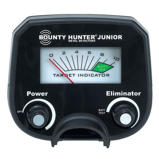 Bounty Hunter Junior Metal Detector with a lightweight design, easy-to-use interface, adjustable sensitivity, and a 6-inch waterproof searchcoil, perfect for kids and beginners exploring for coins and small treasures.