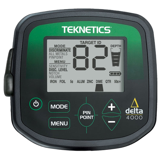 Teknetics Delta 4000 Metal Detector with an LCD display, digital target ID, depth indicator, adjustable sensitivity, and an 8-inch waterproof searchcoil, ideal for coin, relic, and treasure hunting.