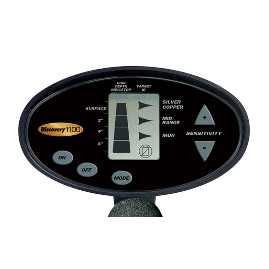 Bounty Hunter Discovery 1100 Metal Detector with an LCD display, three-tone audio ID, automatic ground balance, and a waterproof 7-inch searchcoil, designed for beginner treasure hunters.