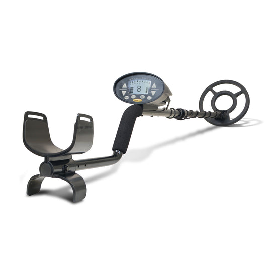 Bounty Hunter Discovery 2200 Metal Detector with an LCD display, digital target ID, depth indicator, four-tone audio discrimination, and a waterproof 8-inch searchcoil, ideal for coin and relic hunting.