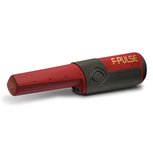 Fisher F-Pulse Pinpointer with pulse induction technology, waterproof design up to 6 feet, adjustable sensitivity, and a built-in LED flashlight, ideal for precise target location in all soil conditions.