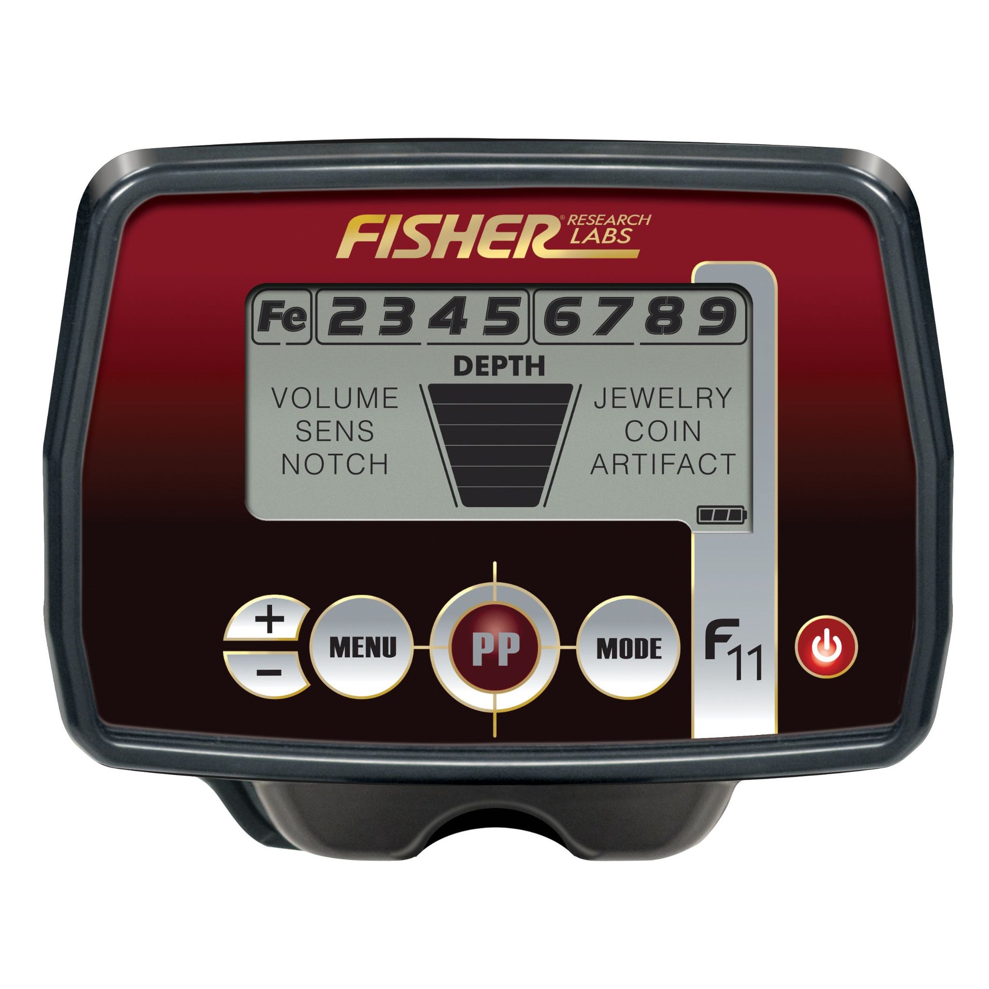 Fisher F11 Metal Detector with a 7-inch concentric searchcoil, digital target ID, three search modes, adjustable sensitivity, and lightweight design, ideal for coin, relic, and jewelry hunting.