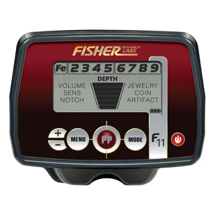 Fisher F11 Metal Detector with a 7-inch concentric searchcoil, digital target ID, three search modes, adjustable sensitivity, and lightweight design, ideal for coin, relic, and jewelry hunting.