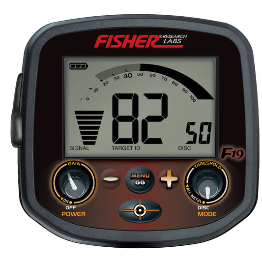 Fisher F19 Metal Detector with high sensitivity, adjustable iron audio, 19 kHz operating frequency, and a weatherproof searchcoil available in either 10-inch or 11-inch sizes, designed for relic and gold prospecting.