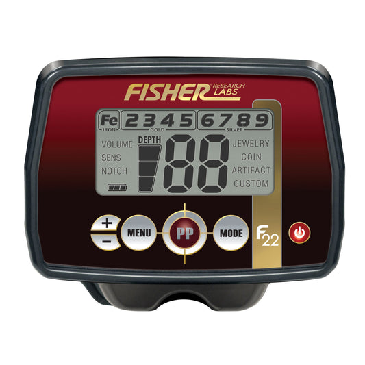 Fisher F22 Metal Detector featuring a weatherproof design, 9-inch triangulated concentric elliptical waterproof searchcoil, 7.69 kHz operating frequency, 9-segment visual and numerical Target-ID, 4-tone audio ID, adjustable sensitivity and volume, and static pinpoint mode, ideal for coin shooting, jewelry hunting, and relic hunting.