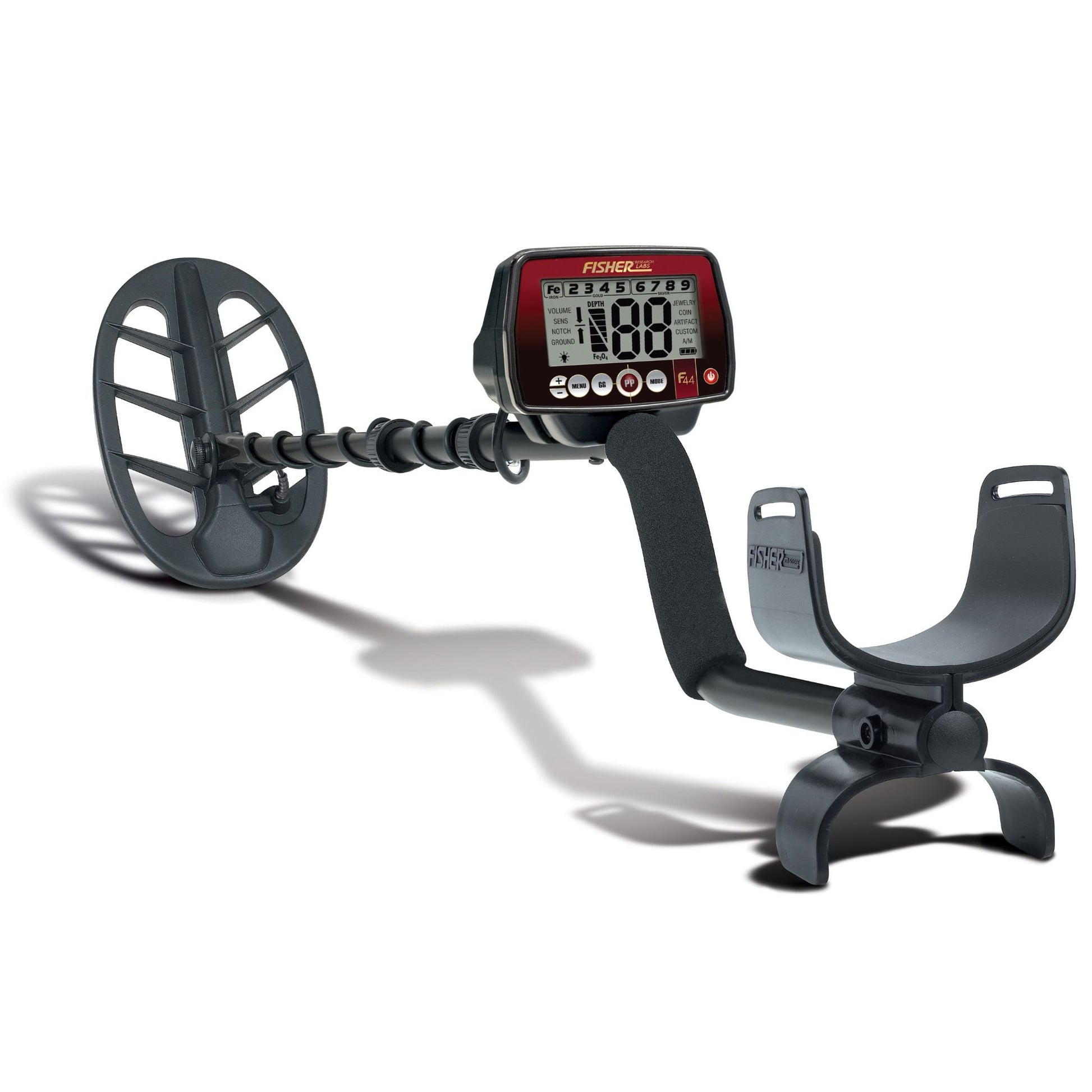 Fisher F44 Metal Detector with a weatherproof design, 11-inch DD searchcoil, digital target ID, adjustable iron audio, and five search modes, optimized for enhanced depth and target separation in coin, relic, and jewelry hunting.