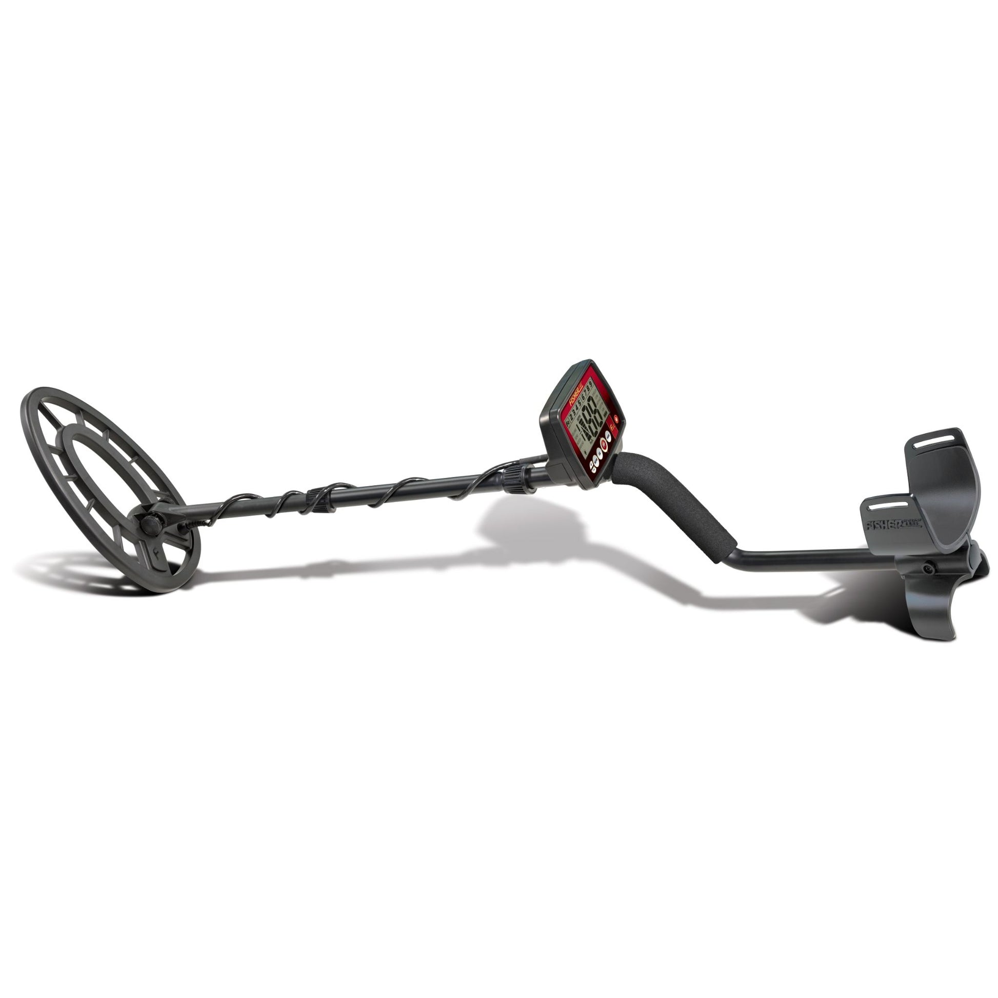 Fisher F44 Metal Detector with a weatherproof design, 11-inch teardrop searchcoil, digital target ID, adjustable iron audio, and five search modes, ideal for coin, relic, and jewelry hunting in various terrains.