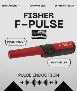 Fisher F-Pulse Pinpointer with pulse induction technology, waterproof design up to 6 feet, adjustable sensitivity, and a built-in LED flashlight, ideal for precise target location in all soil conditions.