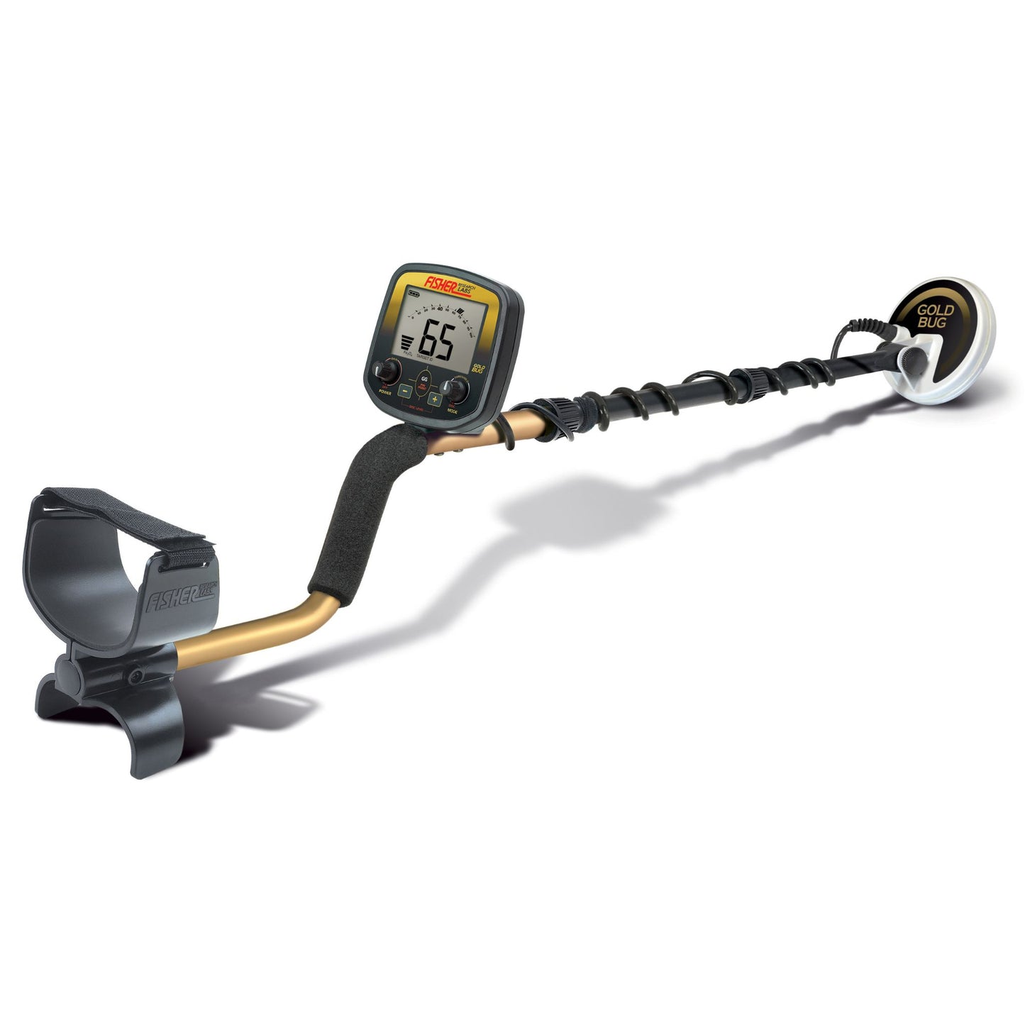 Fisher Gold Bug Metal Detector with a 5-inch searchcoil, 19 kHz operating frequency, ultra-sensitive gold detection, target ID, and ground balance adjustment, designed for prospecting small gold nuggets in highly mineralized soil.