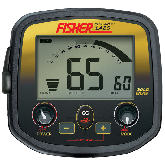 Fisher Gold Bug Metal Detector with a 5-inch searchcoil, 19 kHz operating frequency, ultra-sensitive gold detection, target ID, and ground balance adjustment, designed for prospecting small gold nuggets in highly mineralized soil.