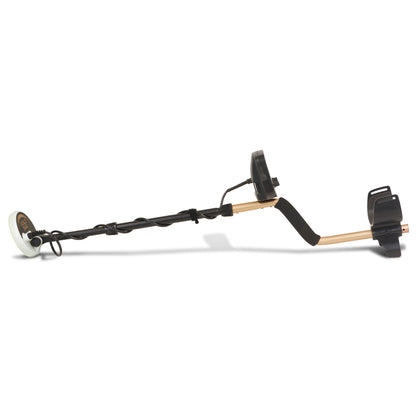 Fisher Gold Bug Metal Detector with a 5-inch searchcoil, 19 kHz operating frequency, ultra-sensitive gold detection, target ID, and ground balance adjustment, designed for prospecting small gold nuggets in highly mineralized soil.