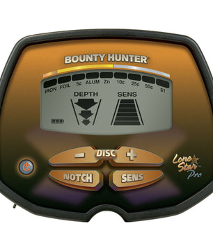 Bounty Hunter Lone Star Pro Metal Detector with an LCD display, digital target ID, adjustable sensitivity, three search modes, and an 8-inch waterproof searchcoil, ideal for coin, relic, and treasure hunting.