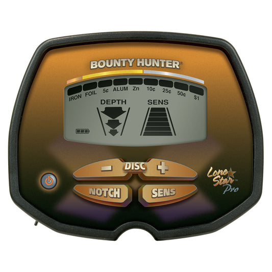 Bounty Hunter Lone Star Pro Metal Detector with an LCD display, digital target ID, adjustable sensitivity, three search modes, and an 8-inch waterproof searchcoil, ideal for coin, relic, and treasure hunting.