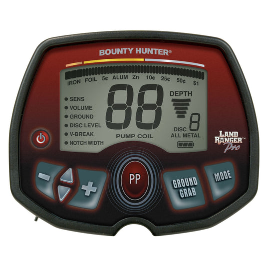 Bounty Hunter Land Ranger Pro Metal Detector with an LCD display, 11-inch DD waterproof searchcoil, digital target ID, adjustable iron audio, and multiple search modes, designed for advanced coin, relic, and treasure hunting.