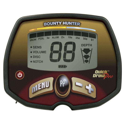 Bounty Hunter Quick Draw Pro Metal Detector with an LCD display, digital target ID, adjustable iron discrimination, three-tone audio ID, and a waterproof 10-inch concentric searchcoil, ideal for coin, relic, and treasure hunting.