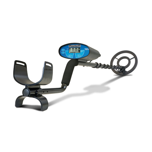 Bounty Hunter Quick Silver Metal Detector with an LCD display, automatic ground balance, and a waterproof 8-inch searchcoil, ideal for coin and relic hunting.