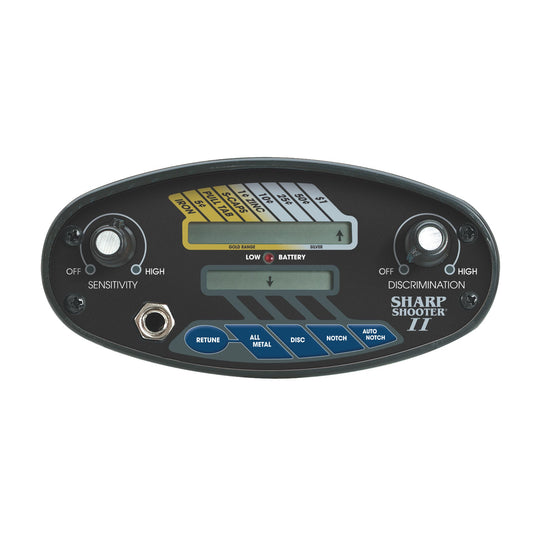 Bounty Hunter Sharp Shooter II Metal Detector with an LCD display, digital target ID, notch discrimination, four operating modes, and an 8-inch waterproof searchcoil, designed for coin, relic, and treasure hunting.