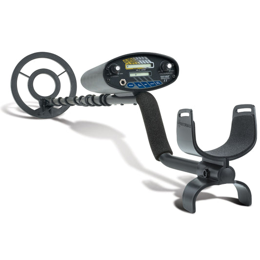 Bounty Hunter Sharp Shooter II Metal Detector with an LCD display, digital target ID, notch discrimination, four operating modes, and an 8-inch waterproof searchcoil, designed for coin, relic, and treasure hunting.