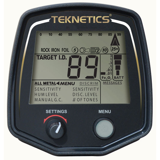 Teknetics T2 Metal Detector with an 11-inch DD searchcoil, high sensitivity, adjustable iron audio, boost mode, and dual-filter discrimination, designed for professional coin, relic, and gold prospecting.