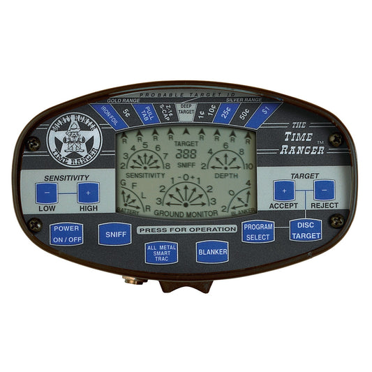 Bounty Hunter Time Ranger Metal Detector with an LCD display, 8-inch waterproof searchcoil, 4-tone audio identification, notch discrimination, and deep-seeking technology, ideal for coin, relic, and treasure hunting.