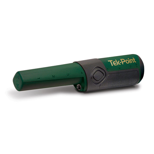 Teknetics Tek-Point Pinpointer with pulse induction technology, waterproof design up to 6 feet, adjustable sensitivity, and built-in LED flashlight, ideal for precise target location in all soil conditions.