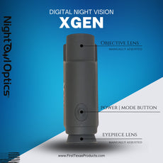Night Owl Optics Xgen Digital Night Vision Monocular with compact design, featuring an ergonomic grip, built-in infrared illuminator, and a lens for enhanced low-light visibility.