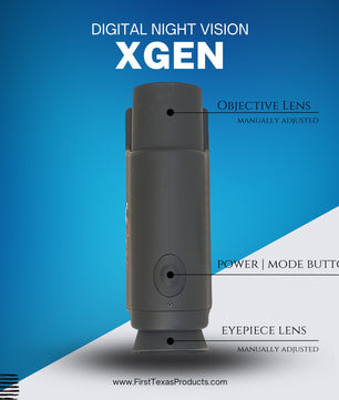 Night Owl Optics Xgen Digital Night Vision Monocular with compact design, featuring an ergonomic grip, built-in infrared illuminator, and a lens for enhanced low-light visibility.
